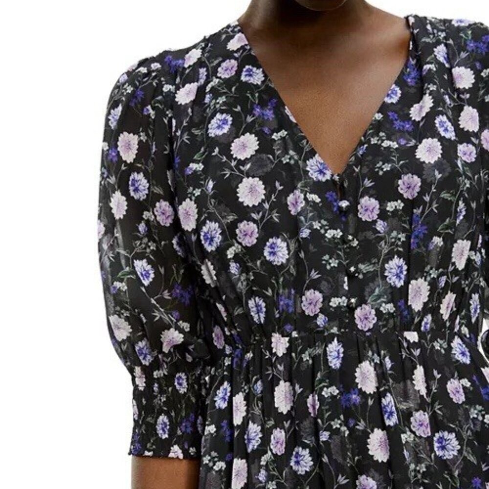 The Kooples Womens Size XS Black Floral Print Empire Midi Silk Dress $425 NWT - Picture 4 of 14